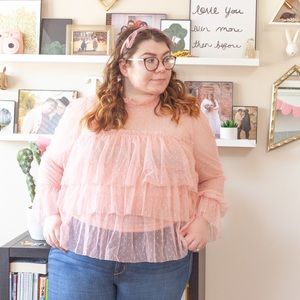 SHEIN Sheer High Neck Keyhole Back Tiered Blouse